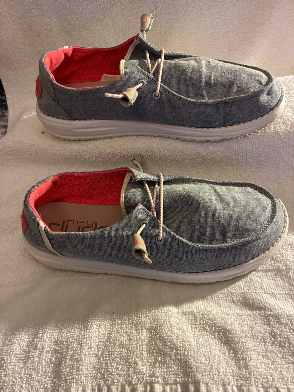 Hey Dude Wendy Casual Slip-On Boat Shoes Chambray Grey with Coral Lining